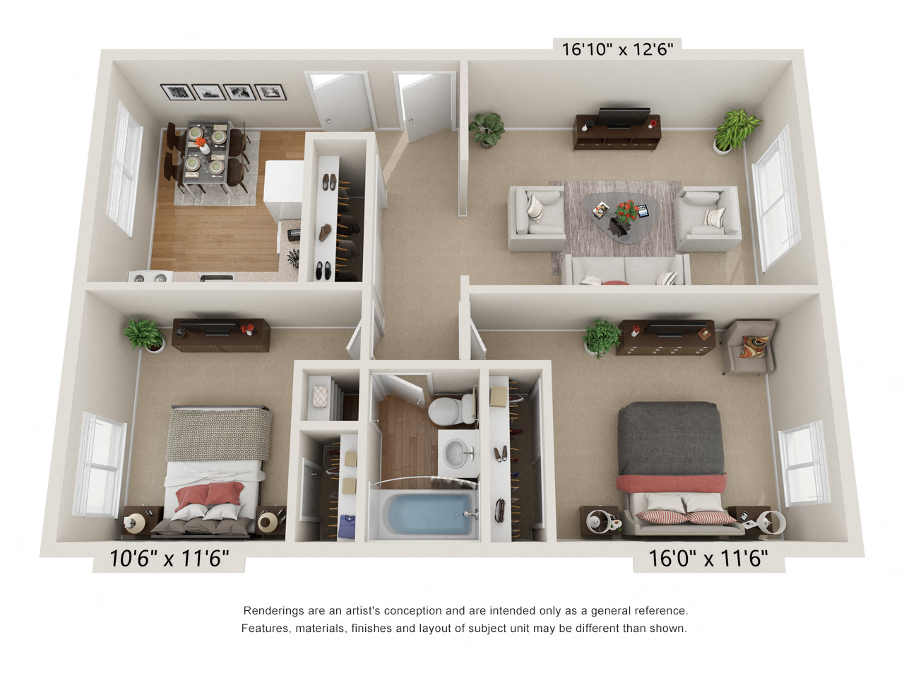 Floor plan for 2 beds, 1 bath, 869 sqft